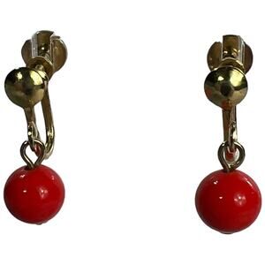 Vintage Red and Gold Tone Clip-On Bead Drop Earrings